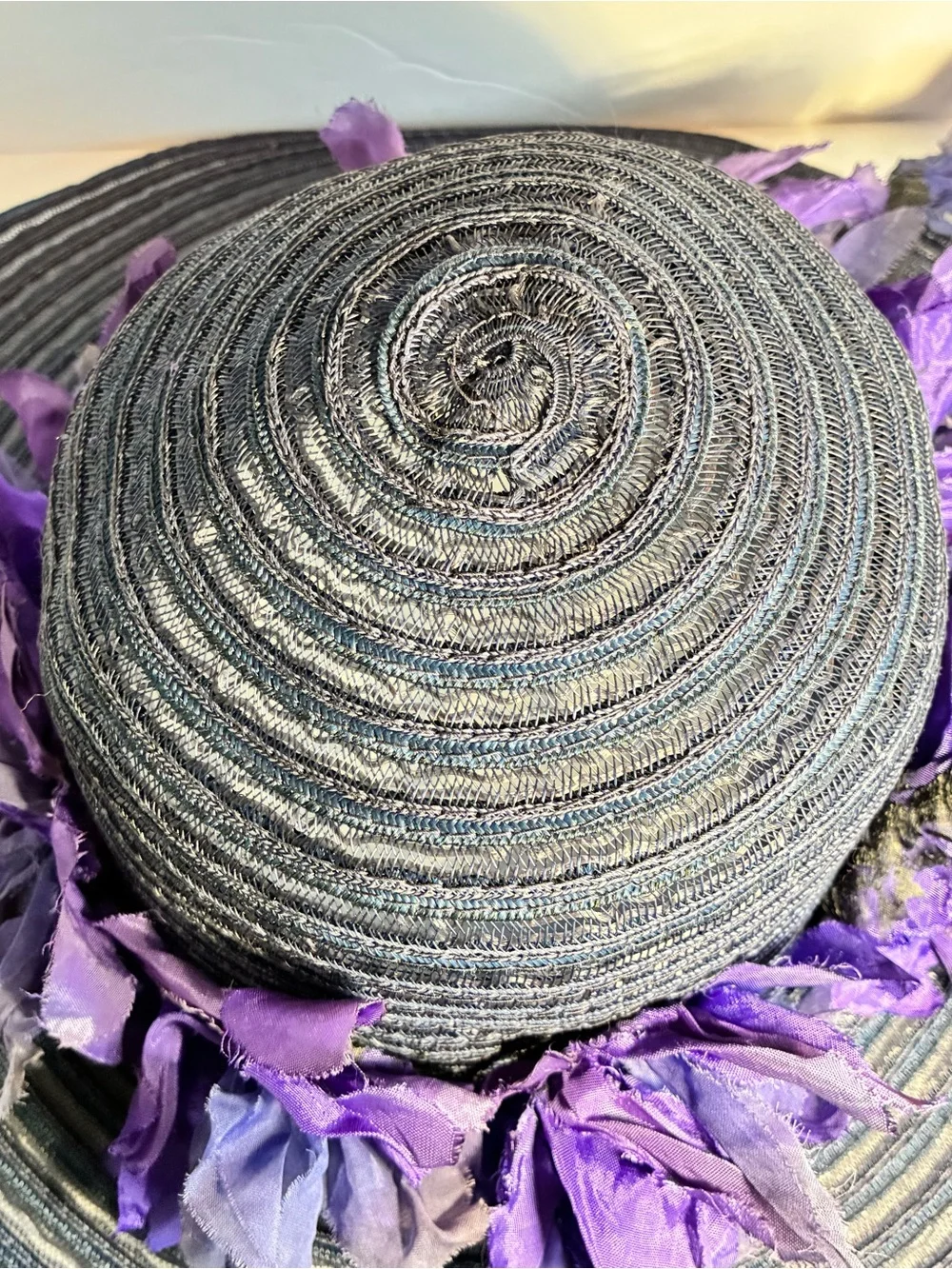 Dramatic Navy Wide Brim Sun Hat Purple Flowers Tea Party Derby Statement Hat